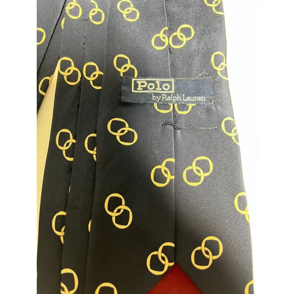 Polo Ralph Lauren EUC Navy Interlocking Ring 100% Silk Tie Necktie 57